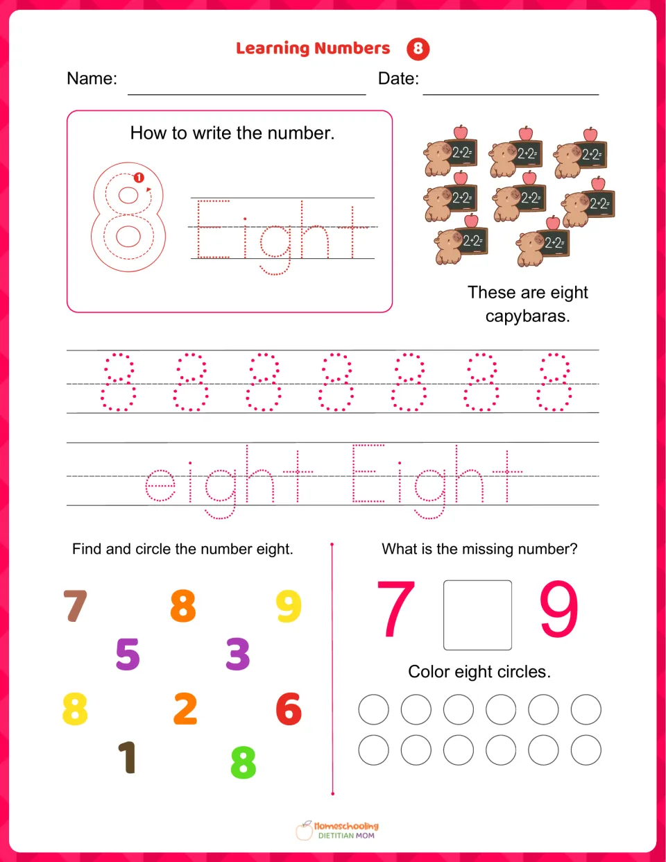 Learning Numbers 8: students trace 8 and eight, count eight capybaras, circle each 8, fill in 7 _ 9, color eight circles