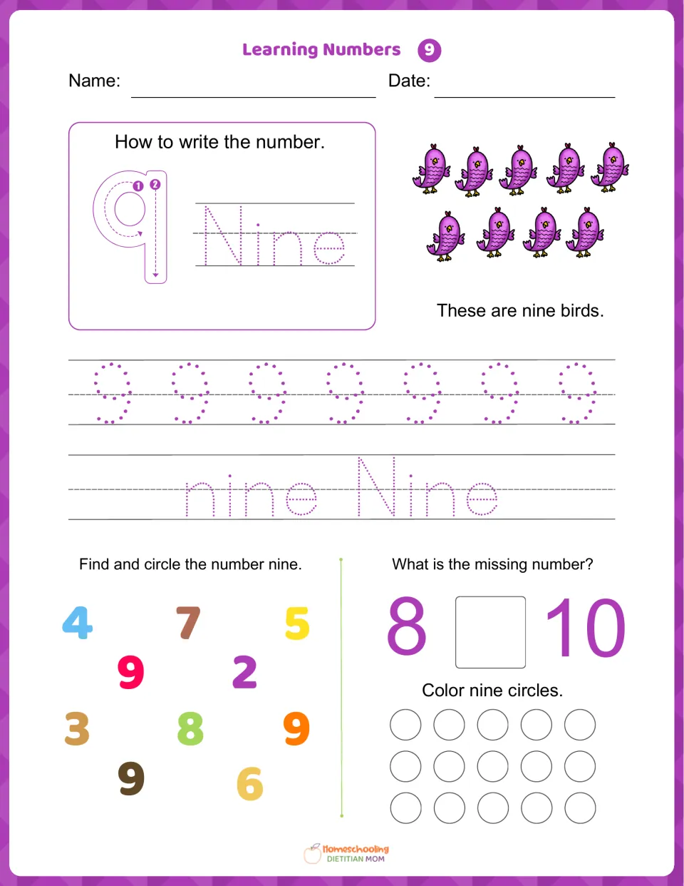 Learning Numbers 9: students trace 9 and nine, count nine birds, circle each 9, fill in 8 _ 10, color nine circles