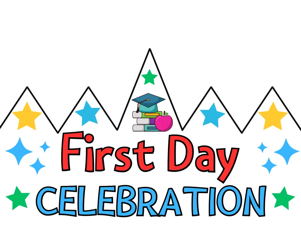 Colored cut-out crown reading "First Day Celebration," one of the resource's first-day-of-school designs