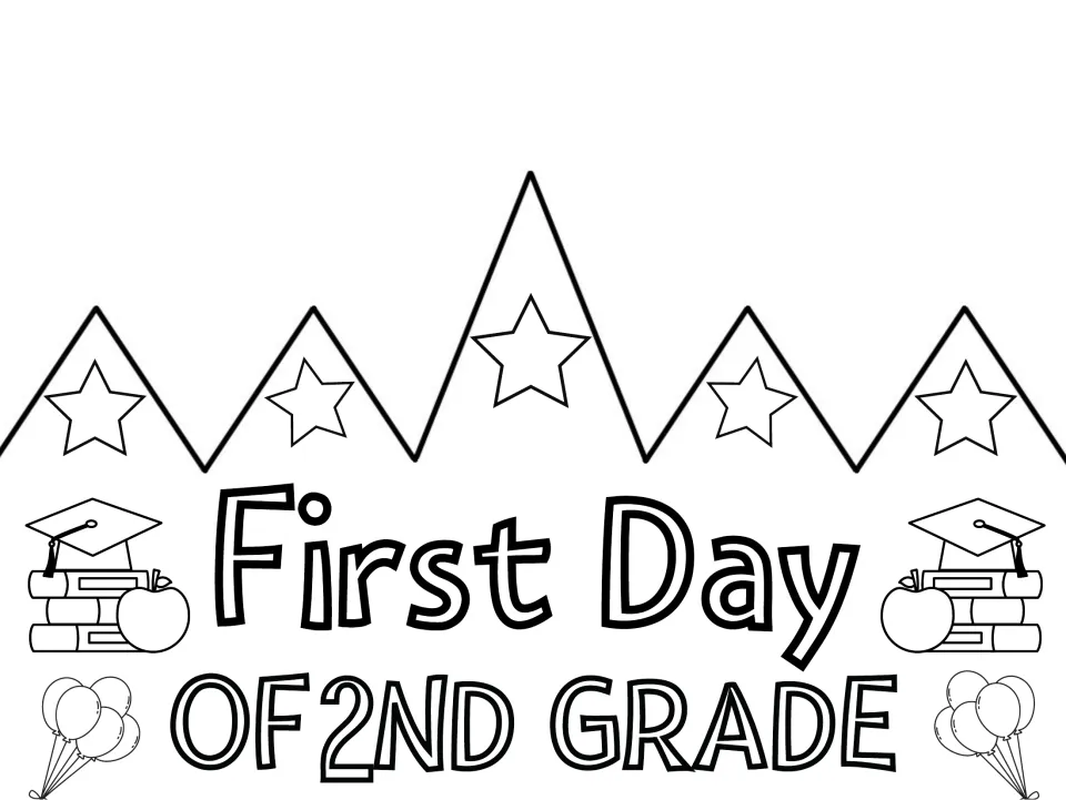 Colorable cut-out crown reading "First Day of 2nd Grade," a black-and-white template for students to color