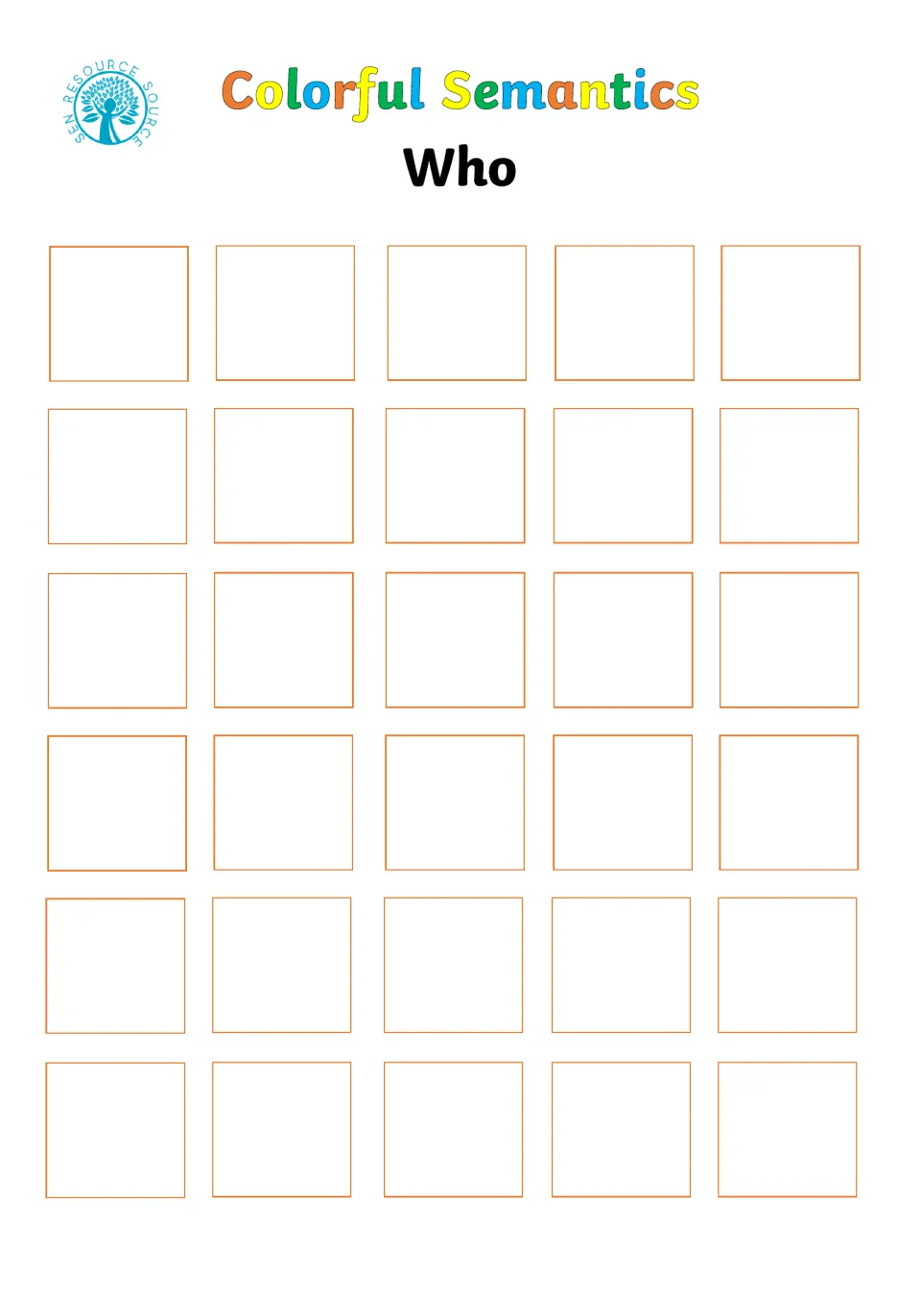 Subject card-selection board labeled 'Who', using orange to identify who a sentence is about; no cards shown