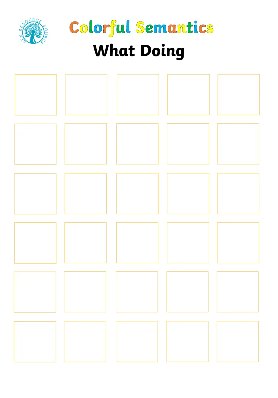 Action card-selection board labeled 'What Doing', using yellow for the verb in a sentence; no cards shown
