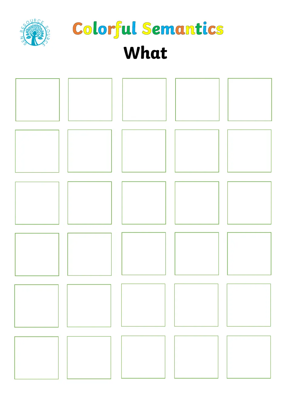 Object card-selection board labeled 'What', using green to identify the object in a sentence; no cards shown
