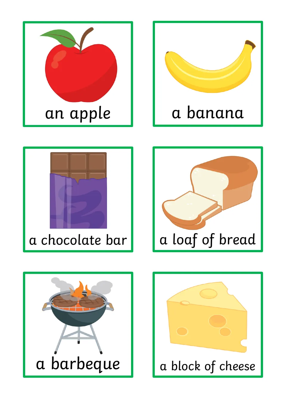 Object cards 1–6 for sentence building: an apple, a banana, a chocolate bar, bread, a barbecue, and cheese