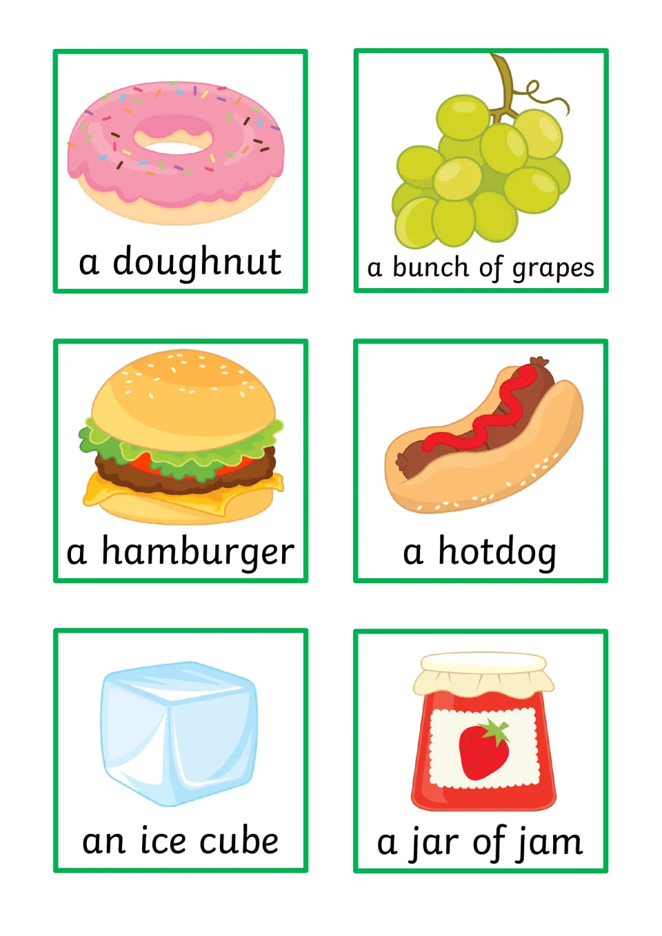Object cards 7–12 for sentence building: a doughnut, grapes, a hamburger, a hot dog, ice, and jam