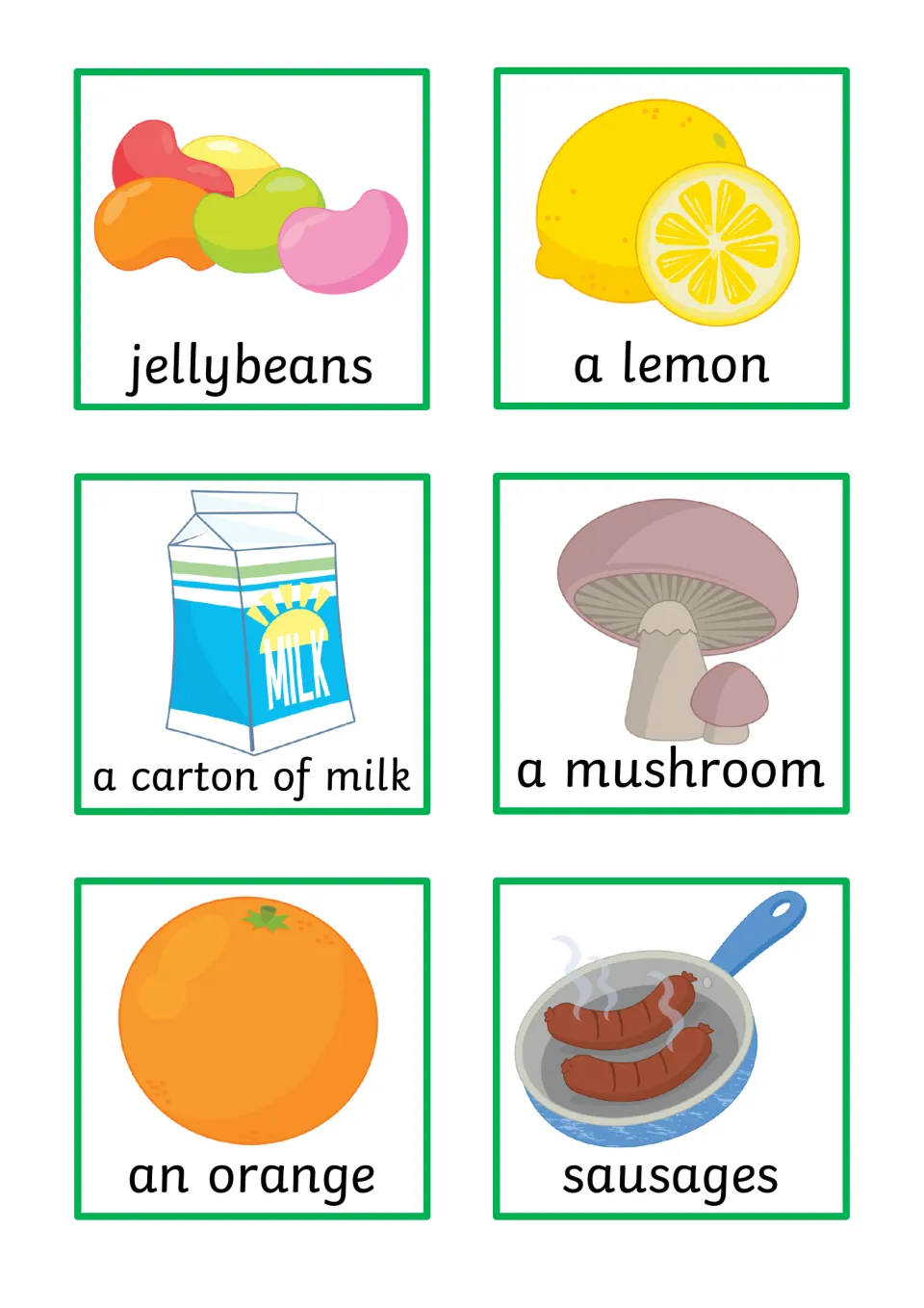 Object cards 13–18 for sentence building: jellybeans, a lemon, milk, a mushroom, an orange, and sausages