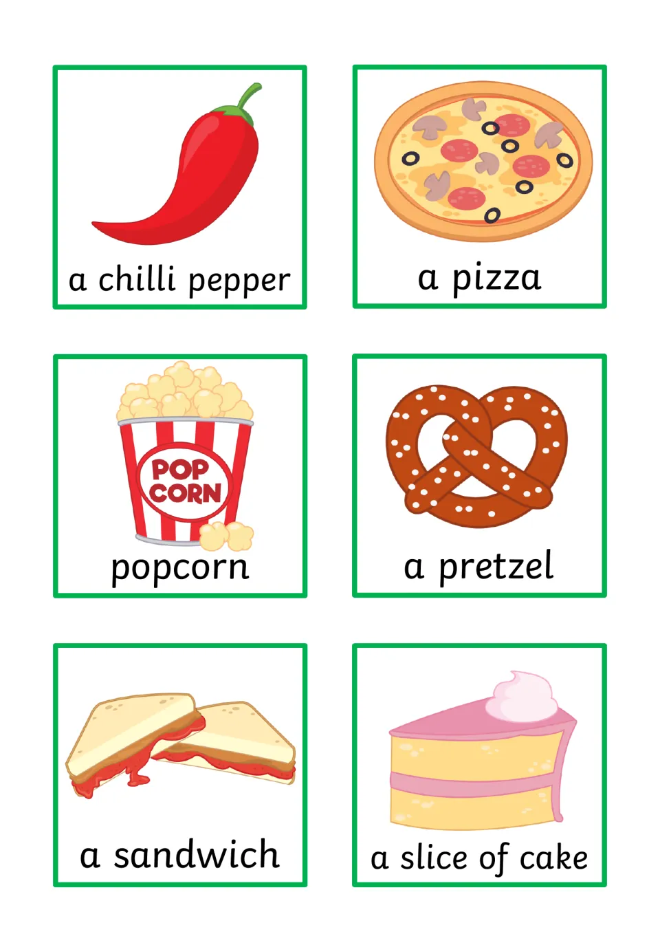 Object cards 19–24 for sentence building: a chili pepper, pizza, popcorn, a pretzel, a sandwich, and cake