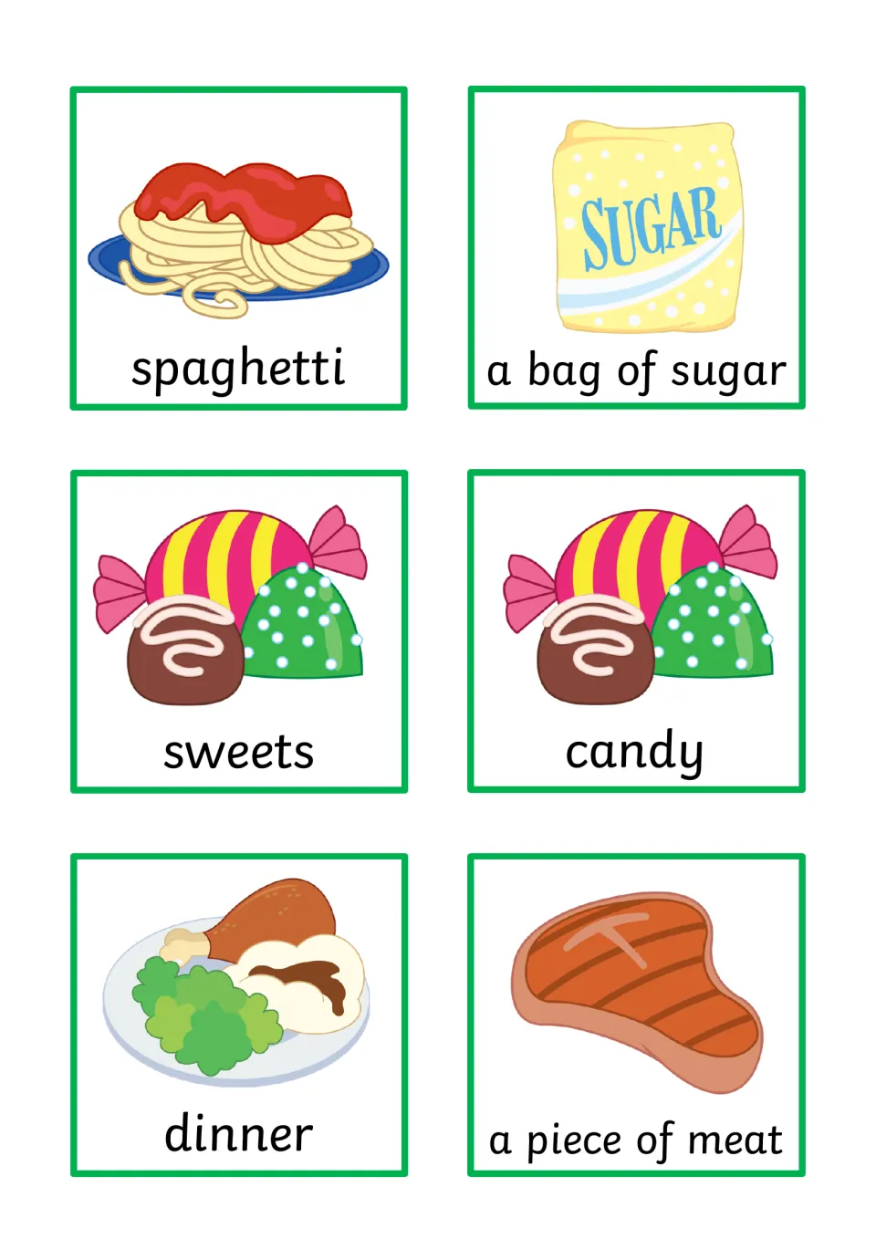 Object cards 25–30 for sentence building: spaghetti, a bag of sugar, sweets, candy, dinner, and meat
