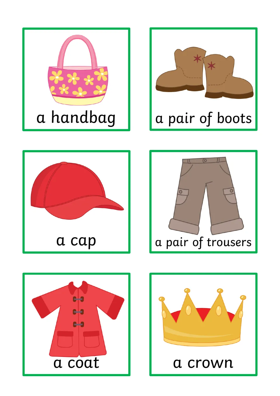 Object cards 31–36 for sentence building: a handbag, boots, a cap, trousers, a coat, and a crown