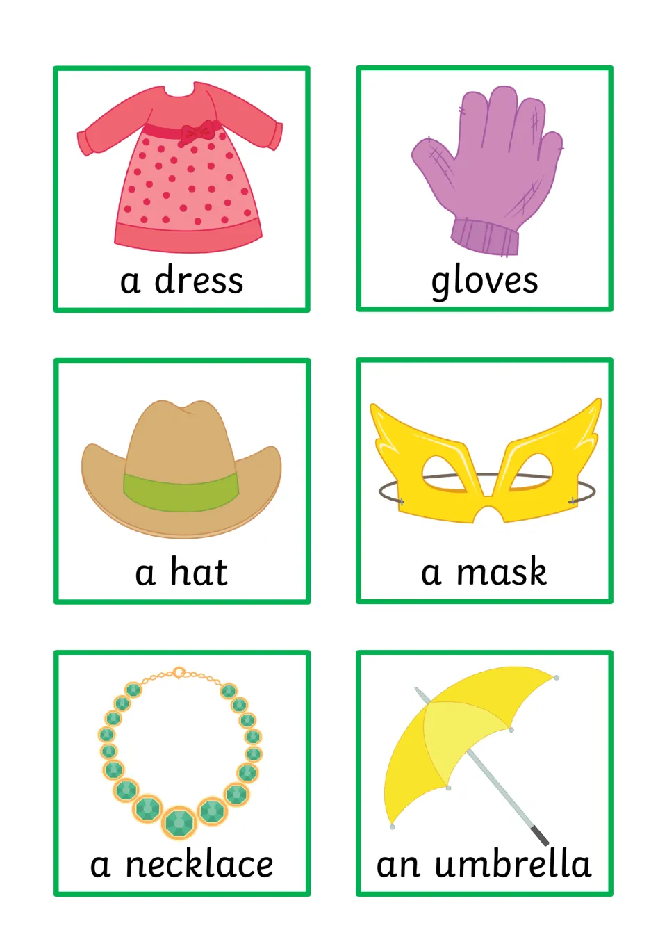 Object cards 37–42 for sentence building: a dress, gloves, a hat, a mask, a necklace, and an umbrella