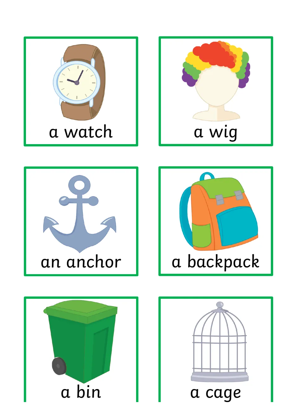 Object cards 43–48 for sentence building: a watch, a wig, an anchor, a backpack, a bin, and a cage