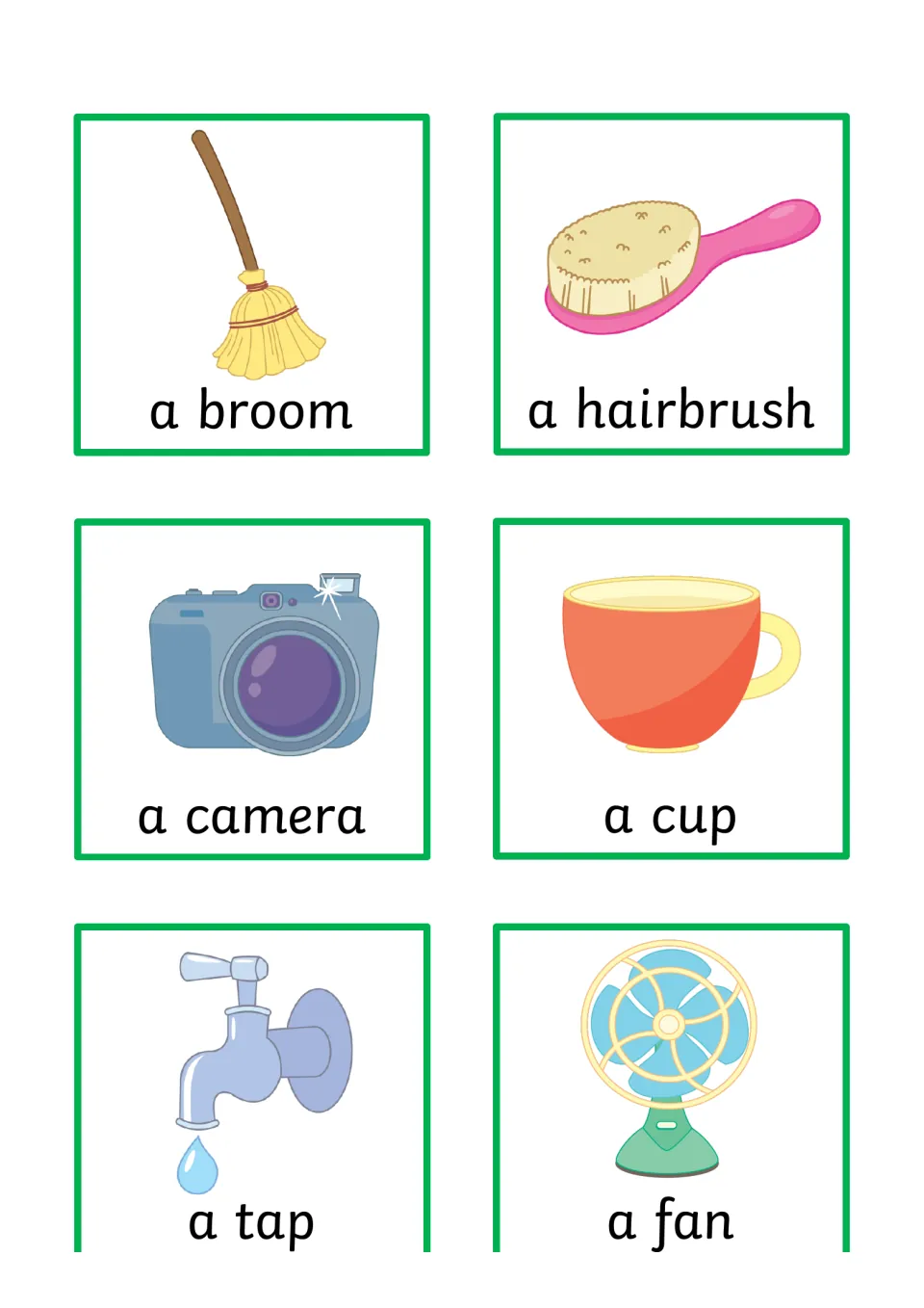 Object cards 49–54 for sentence building: a broom, a hairbrush, a camera, a cup, a tap, and a fan