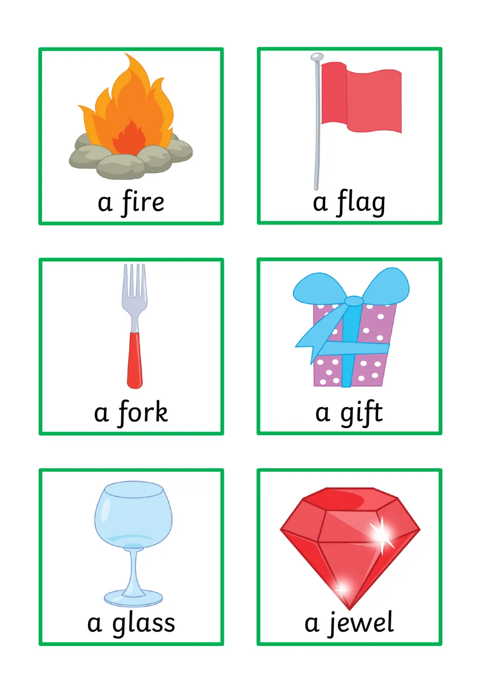 Object cards 55–60 for sentence building: a fire, a flag, a fork, a gift, a glass, and a jewel