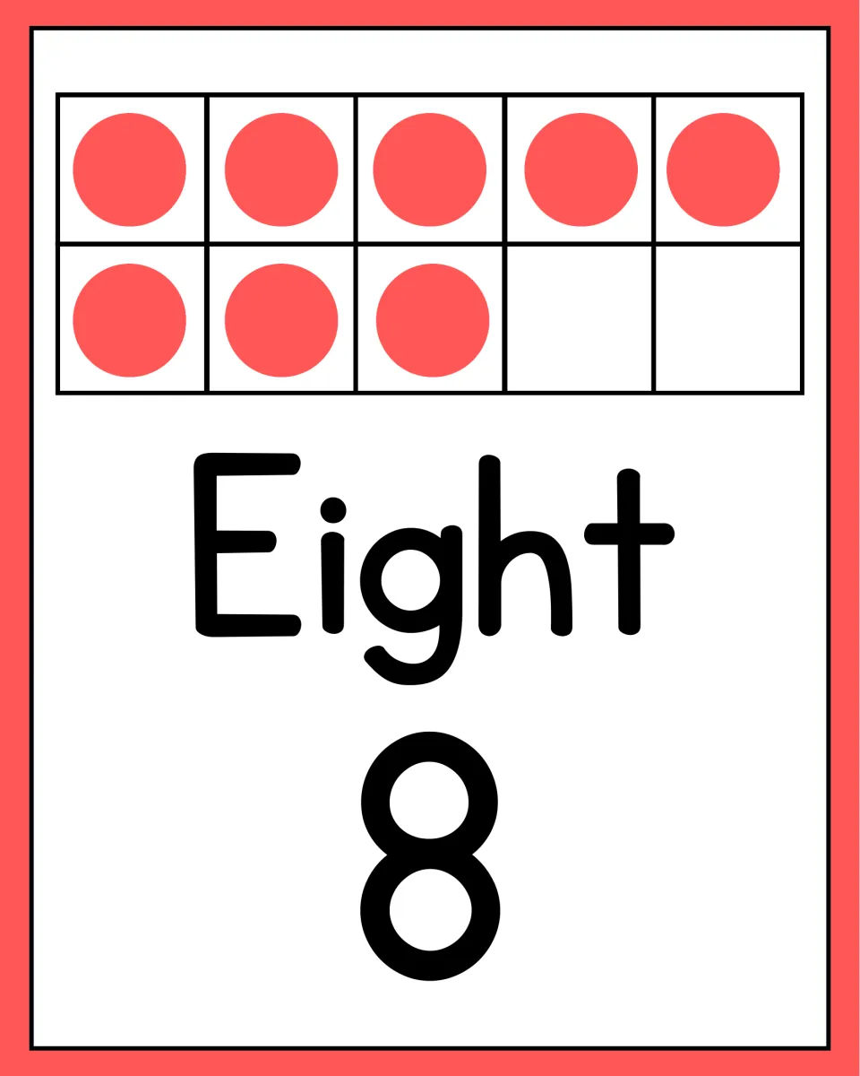 Number poster for counting practice showing the word Eight, numeral 8, and a ten frame containing eight dots.