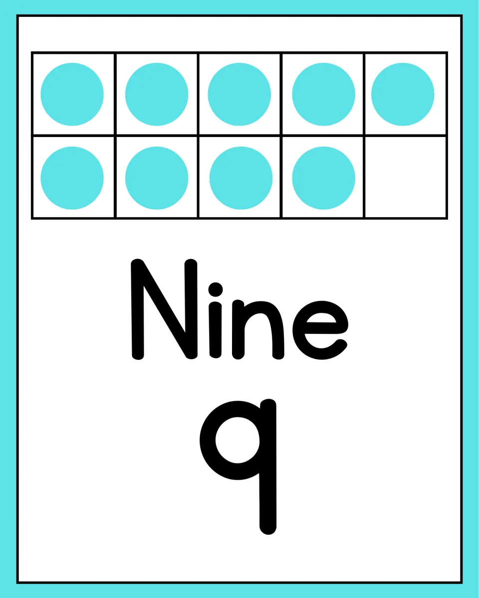 Number poster for counting practice showing the word Nine, numeral 9, and a ten frame containing nine dots.