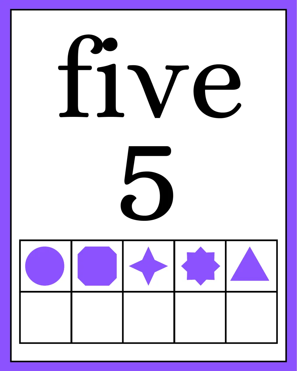 Number poster for five pairs the word five with the numeral 5 and five purple shapes in a ten frame.