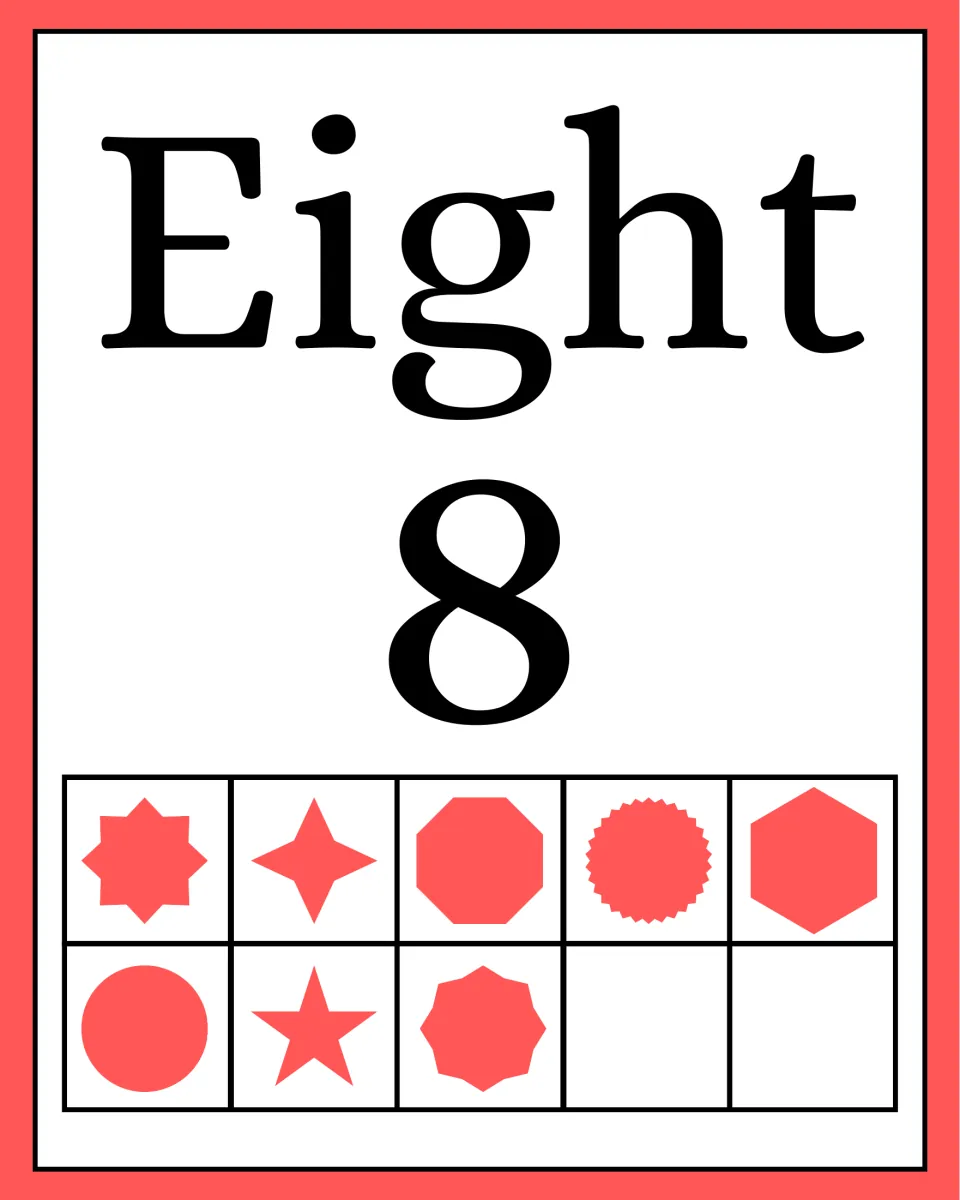 Number poster for eight pairs the word Eight with the numeral 8 and eight red shapes in a ten frame.
