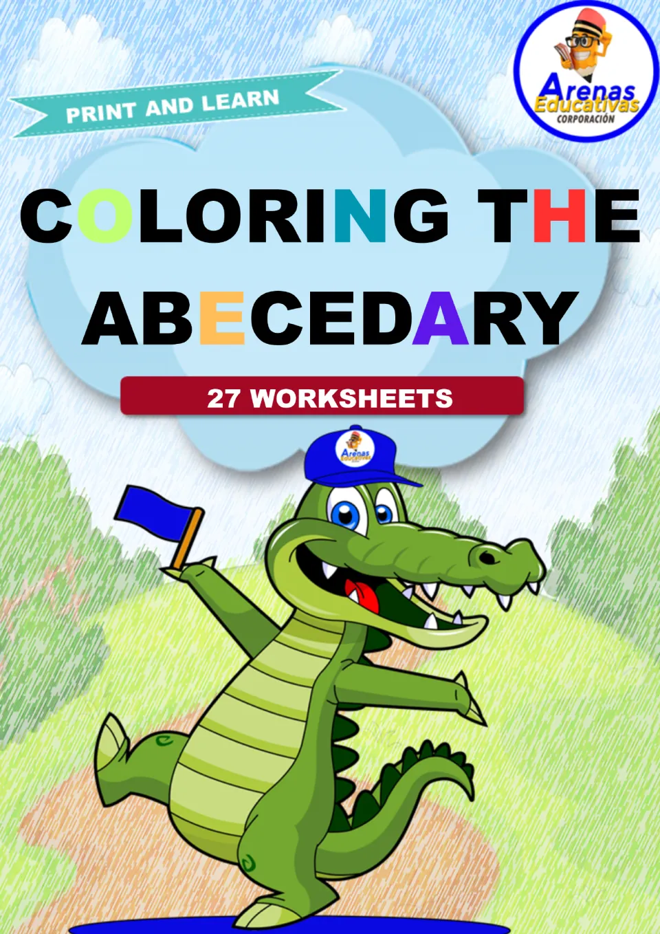 Alphabet coloring resource cover titled 'Coloring the Abecedary,' labeled 'Print and Learn' and '27 Worksheets'