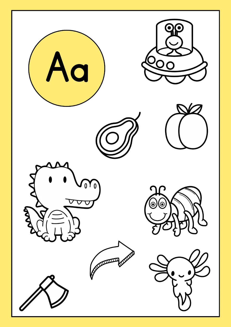 Letter A coloring sheet in the alphabet resource: Aa with an alien, avocado, alligator, ant, axe and arrow