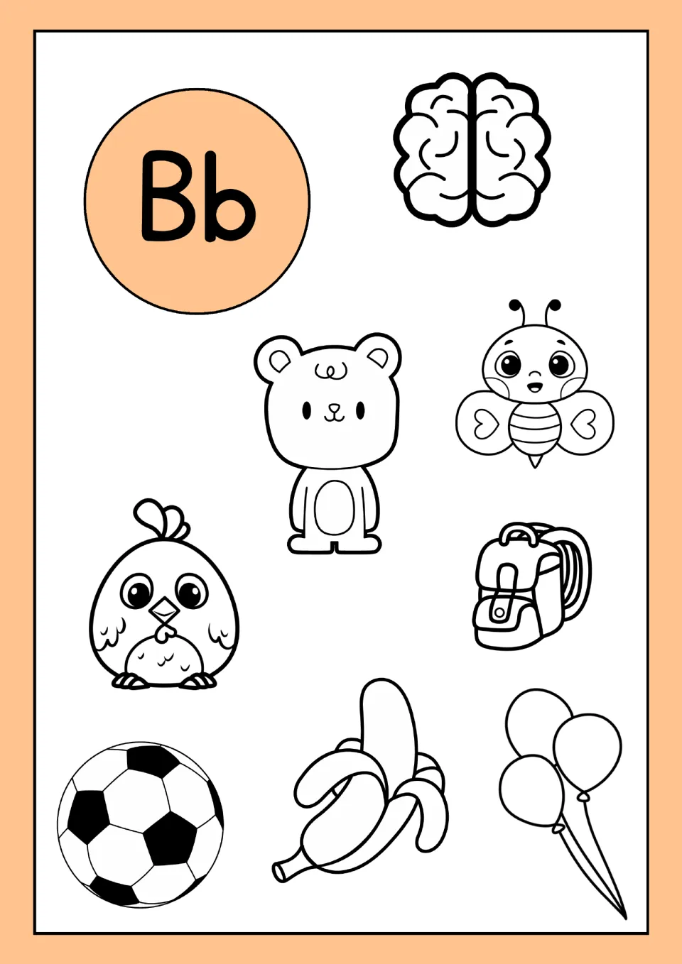 Letter B coloring sheet in the alphabet resource: Bb with a brain, bear, bee, bird, backpack, ball and banana
