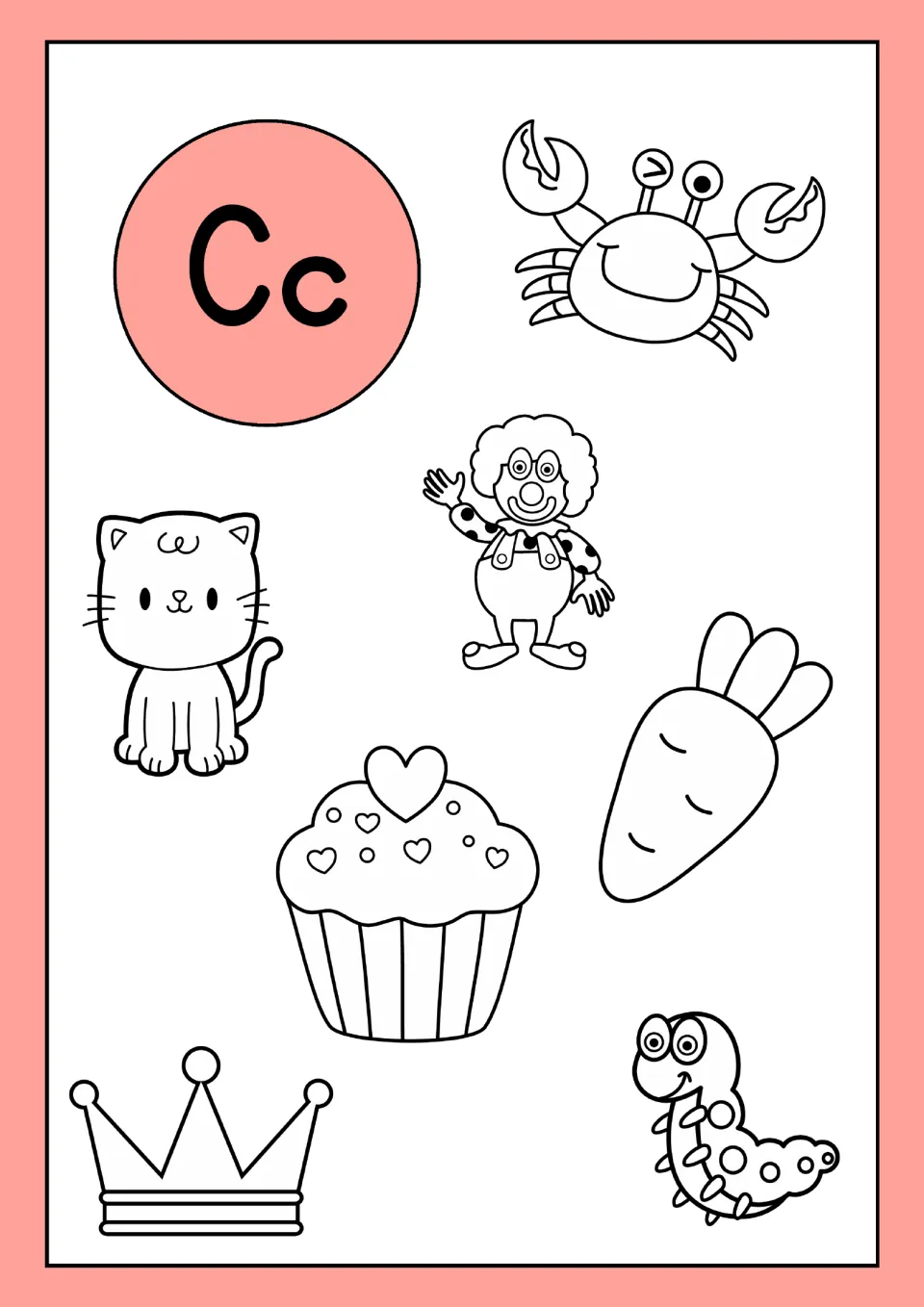 Letter C coloring sheet in the alphabet resource: Cc with a crab, cat, clown, carrot, cupcake and crown