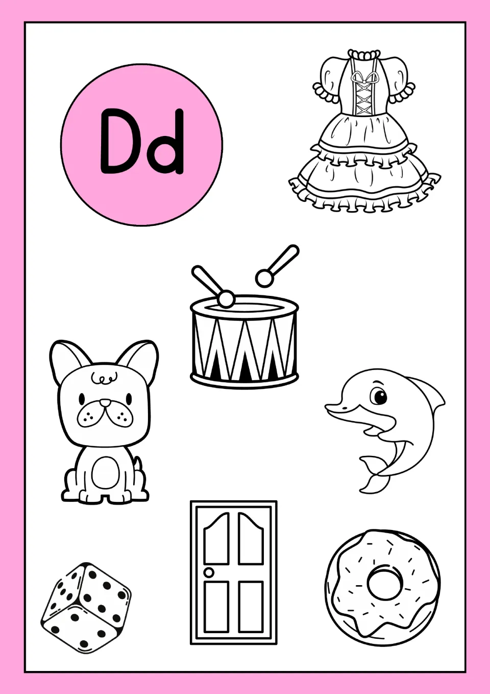 Letter D coloring sheet in the alphabet resource: Dd with a dress, drum, dog, dolphin, die, door and doughnut