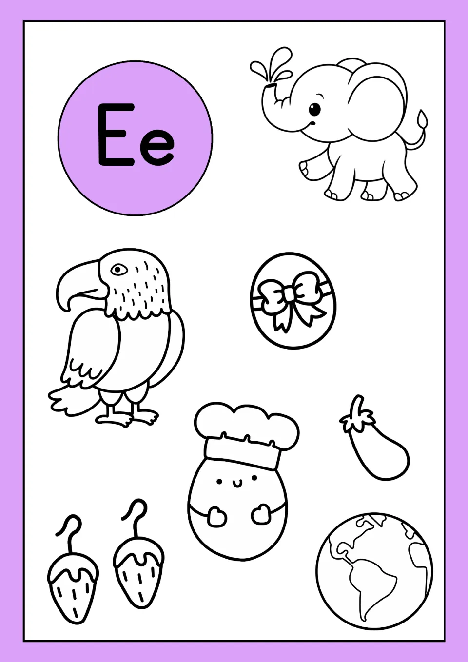 Letter E coloring sheet in the alphabet resource: Ee with an elephant, eagle, eggs, eggplant, earrings and Earth