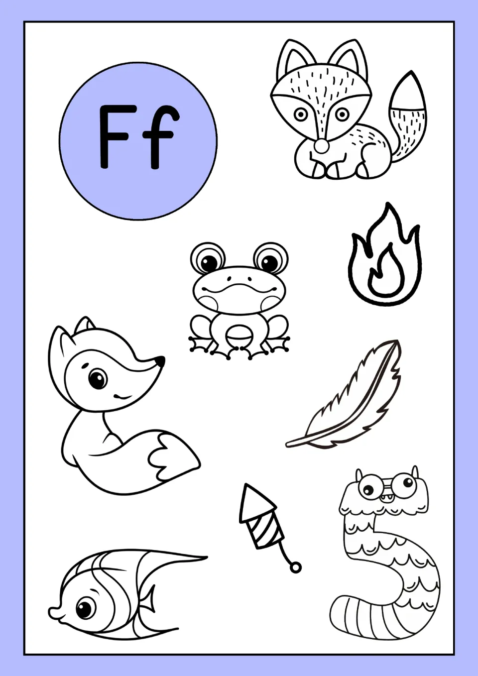 Letter F coloring sheet in the alphabet resource: Ff with two foxes, a frog, fire, feather, fish and five