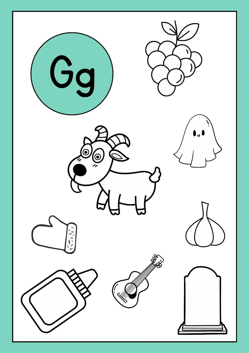 Letter G coloring sheet in the alphabet resource: Gg with grapes, a goat, ghost, glove, garlic, glue and guitar