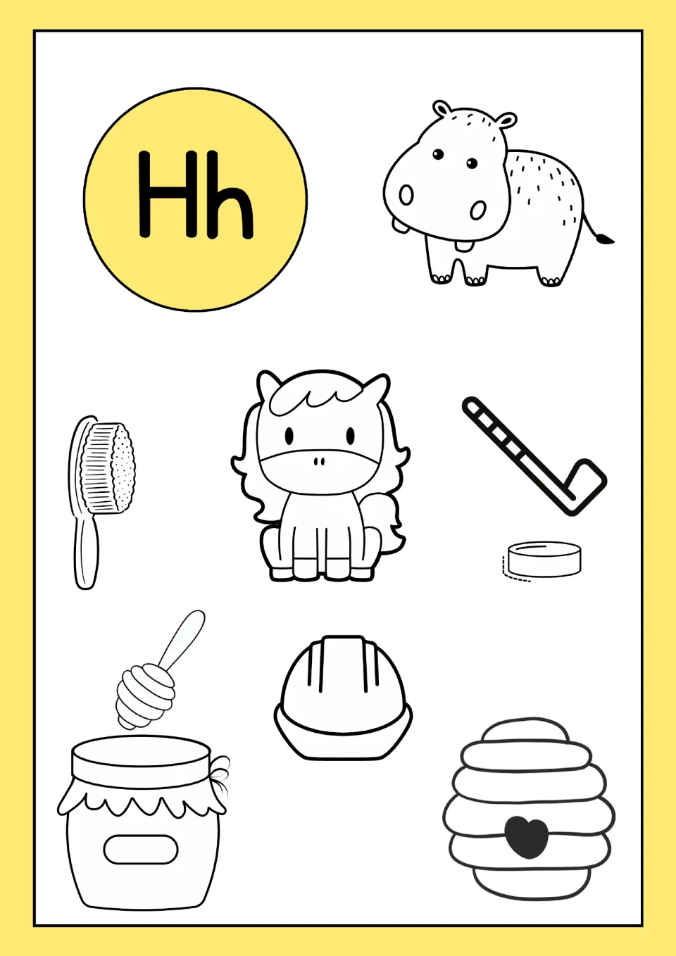 Letter H coloring sheet in the alphabet resource: Hh with a hippo, horse, hairbrush, hockey stick, honey and hive