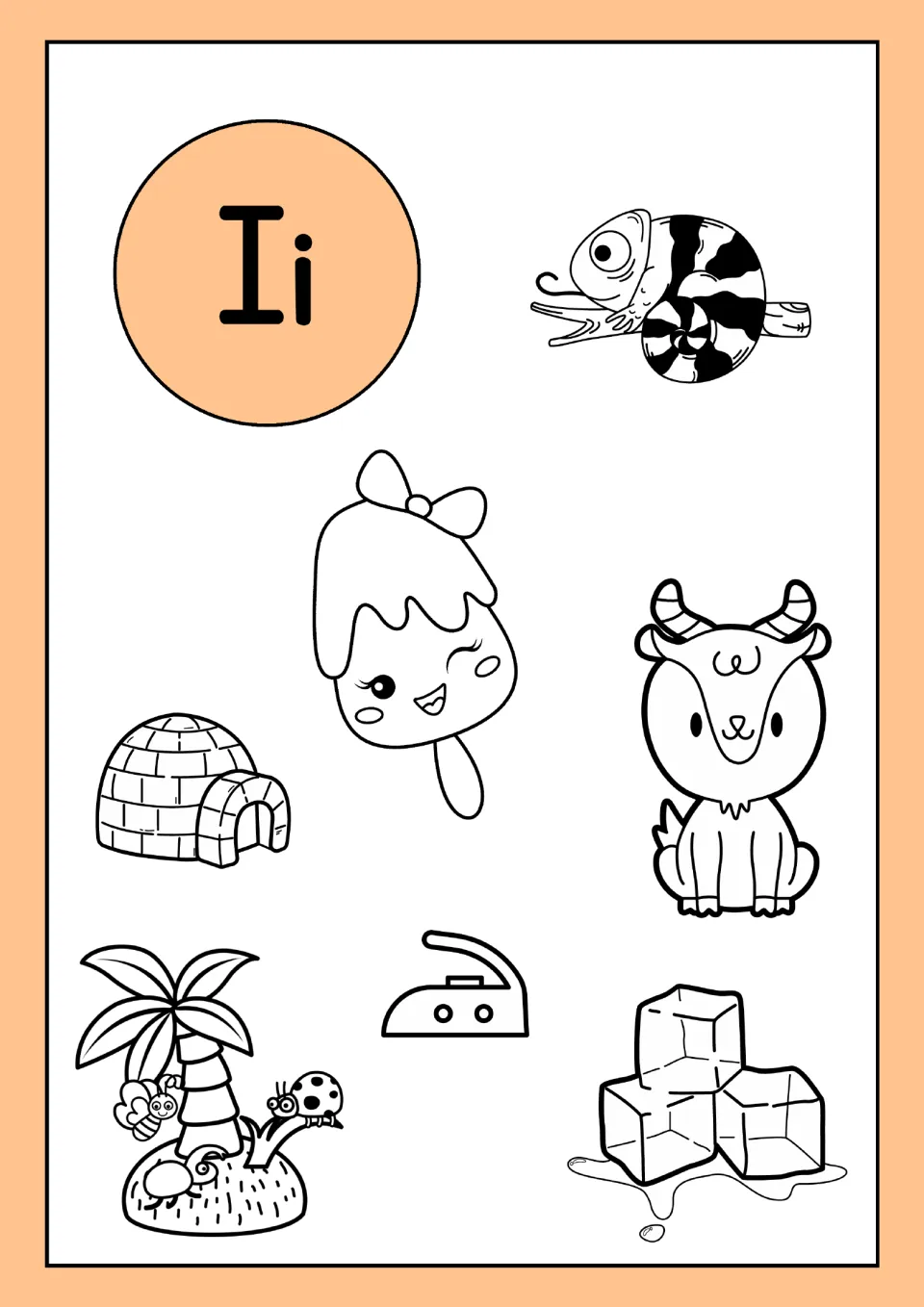 Letter I coloring sheet in the alphabet resource: Ii with an igloo, ice pop, island, iron and ice cubes