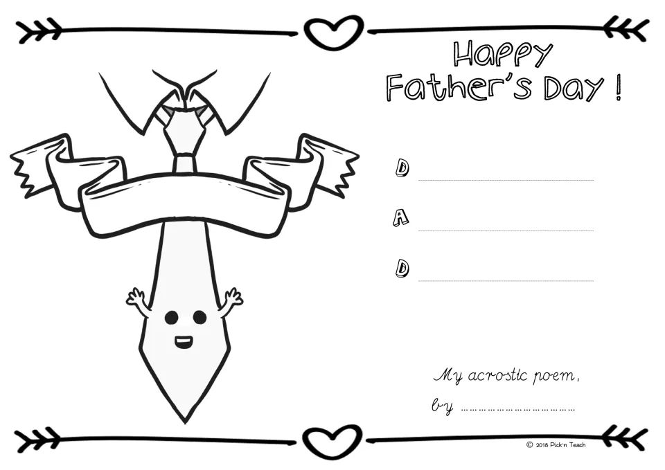 Father's Day DAD acrostic poem: students write a line for each letter D, A, D and color a smiling tie; hearts and arrows