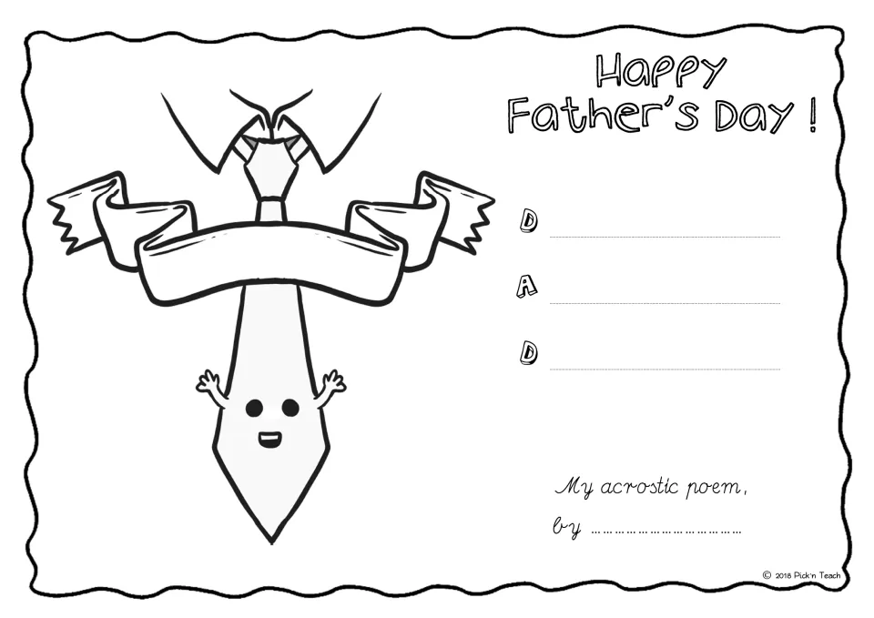 DAD acrostic poem for Father's Day: students write lines for D, A, D beside a smiling tie, wavy-edged version to color