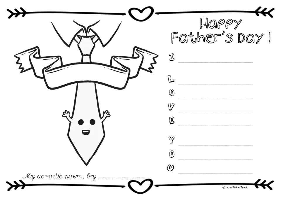 I LOVE YOU acrostic poem for Dad: students write a line per letter and color a cheerful tie, with hearts and arrows