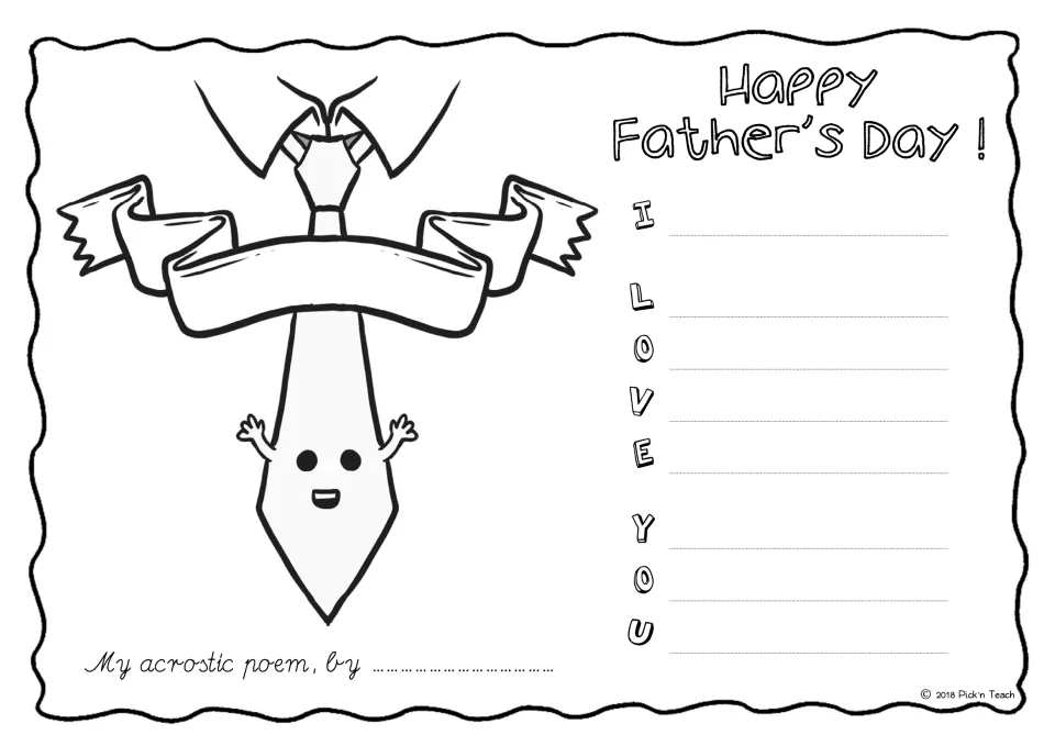 I LOVE YOU Father's Day acrostic: students write 8 lines starting I, L, O, V, E, Y, O, U and color a smiling tie, wavy edge
