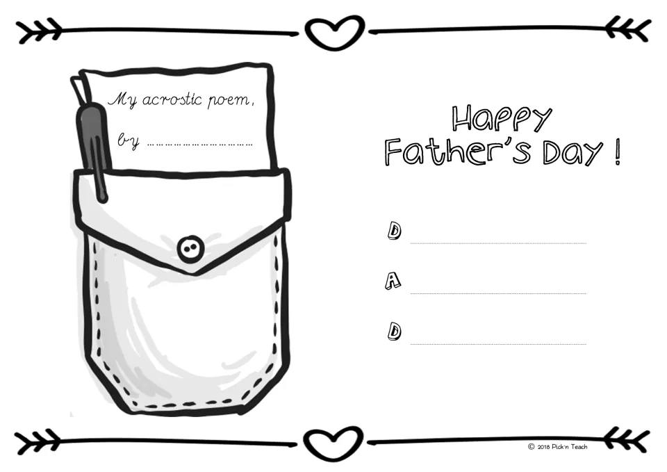 DAD acrostic poem on a shirt pocket: students write lines for D, A, D and color the pocket and pen, hearts and arrows