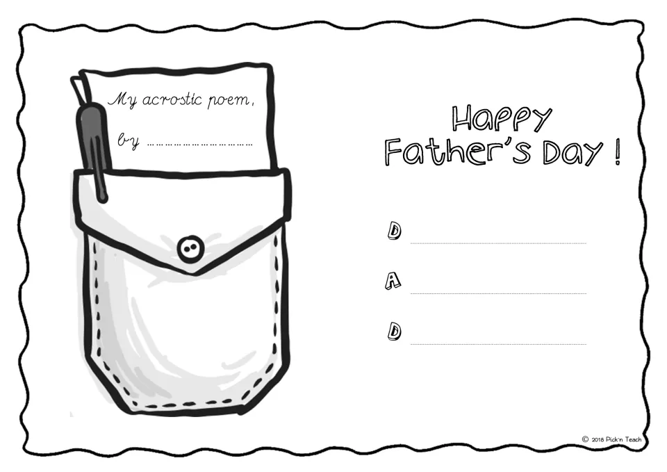 Shirt pocket DAD acrostic, wavy-edged version: students sign the note card in the pocket and write a line for D, A and D