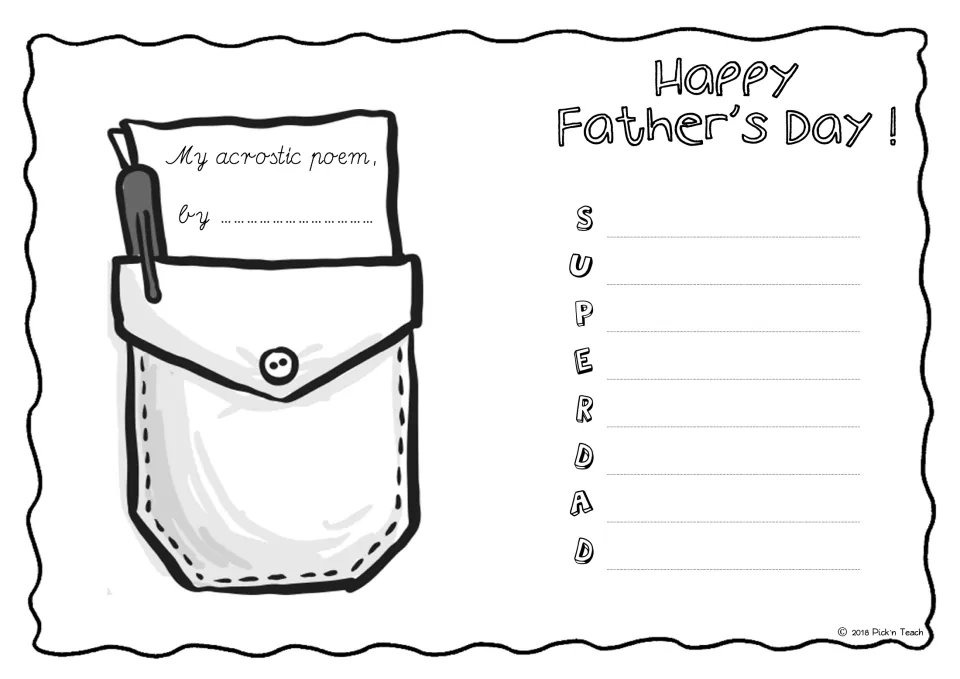SUPER DAD acrostic with a shirt pocket and pen to color: students write lines for S, U, P, E, R, D, A, D and sign the note