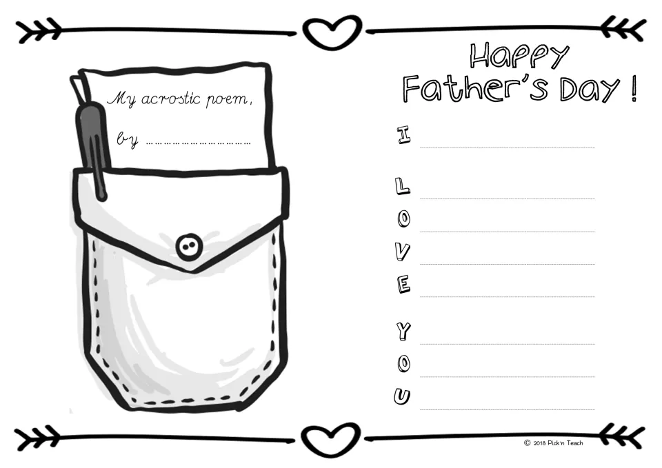 I LOVE YOU acrostic beside a shirt pocket holding a pen and note: students fill 8 lines and color, with hearts and arrows