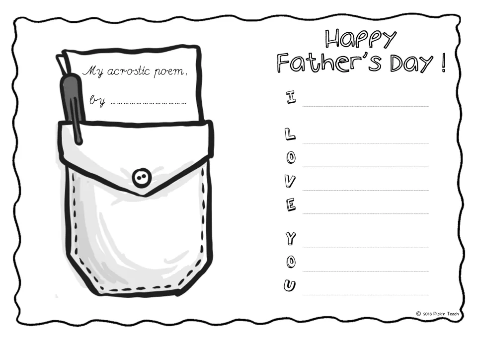 Shirt pocket I LOVE YOU acrostic, wavy-edged version: students write a line per letter and add their name to the note