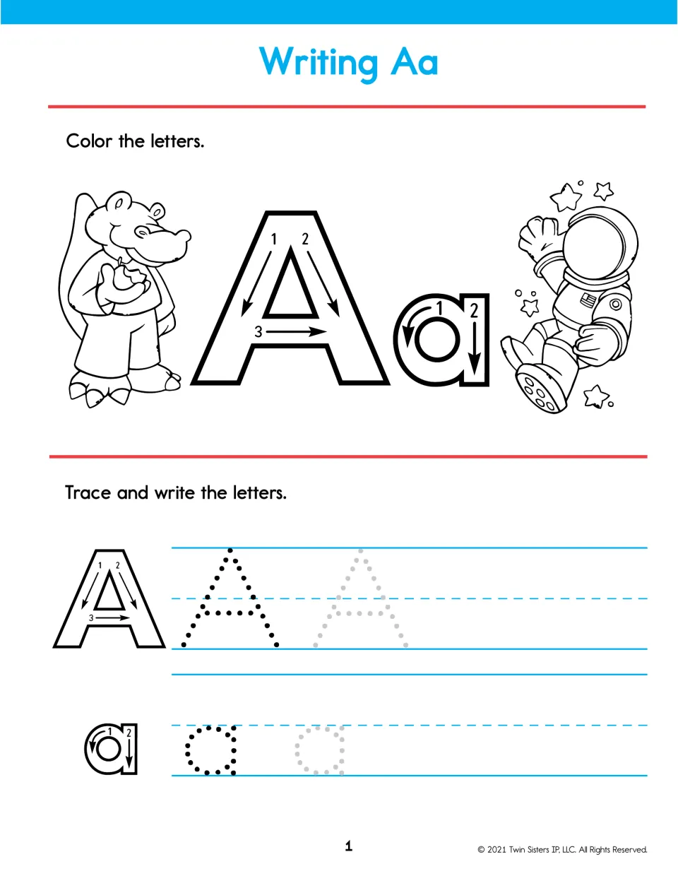 Writing Aa: students color A and a beside an alligator and astronaut, then trace dotted letters following numbered strokes