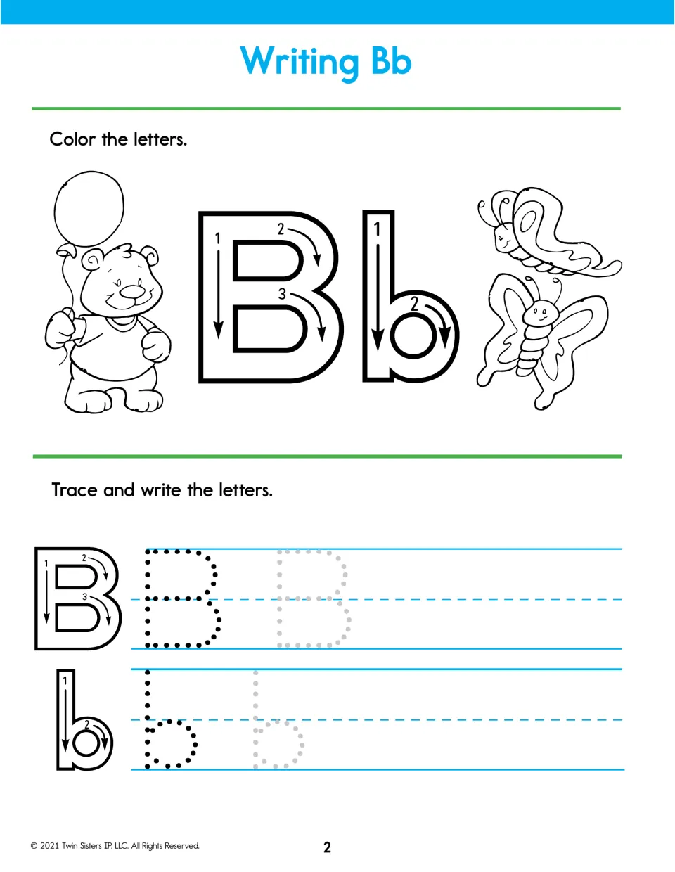 Writing Bb: children color B and b next to a bear with a balloon and two butterflies, then trace and write each letter