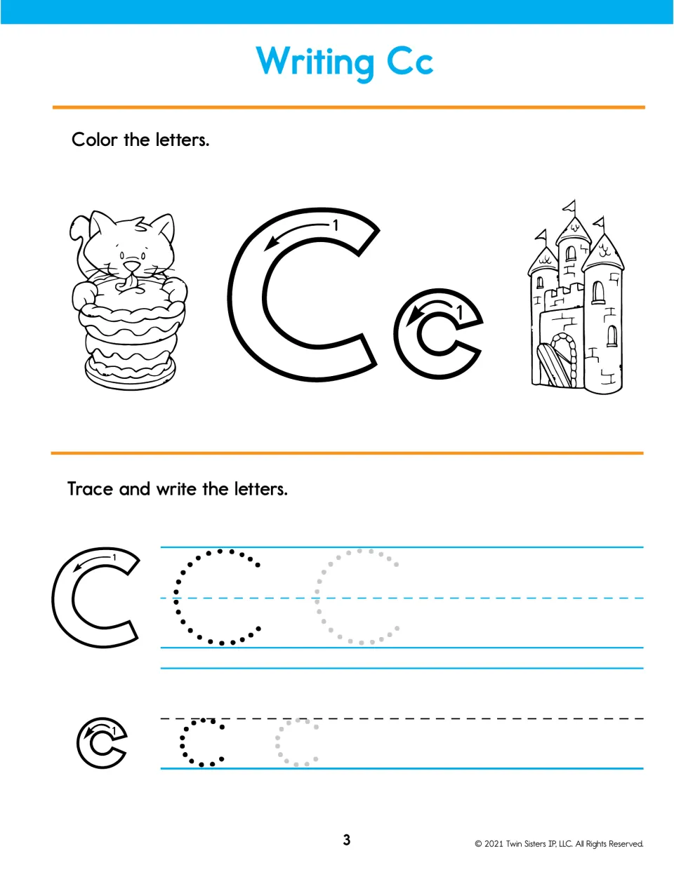 Writing Cc: students color C and c by a cat on a cake and a castle, then trace dotted Cc along the stroke arrow