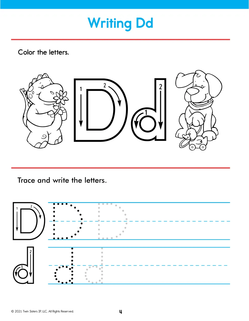 Writing Dd: color D and d beside a dinosaur holding a flower and a dog with a toy duck, then trace and write both cases