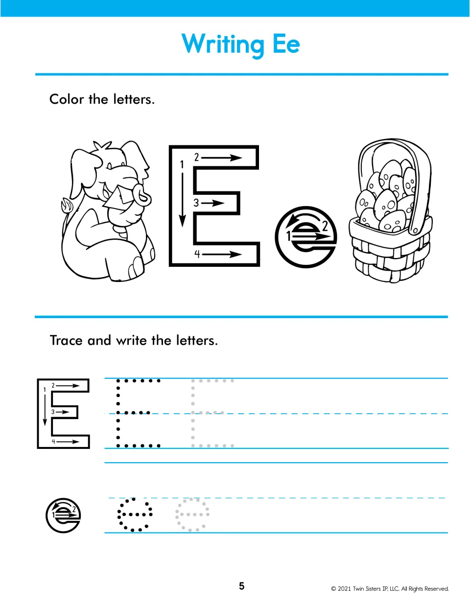 Writing Ee: color E and e near an elephant with an envelope and a basket of eggs, then trace E in four numbered strokes