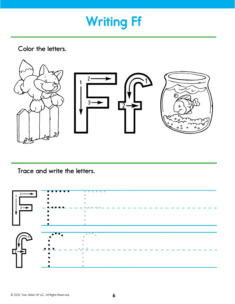 Writing Ff: students color F and f by a fox on a fence and a fish in a bowl, then trace and write both forms of the letter