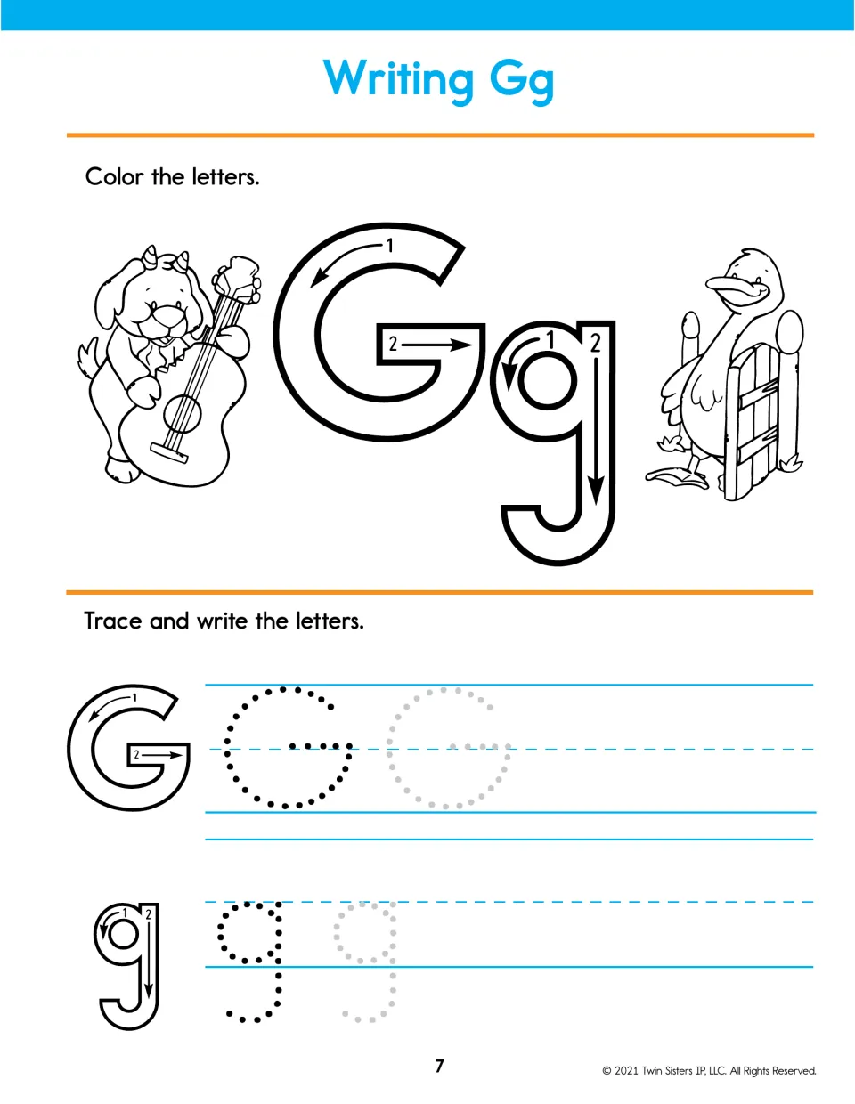Writing Gg: color G and g beside a goat playing guitar and a goose at a gate, then trace dotted Gg and write your own
