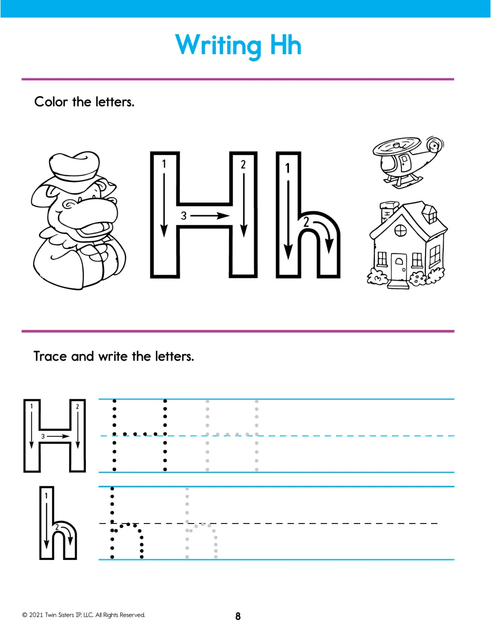 Writing Hh: color H and h next to a hippo in a hat, a helicopter and a house, then trace H in three strokes and write h