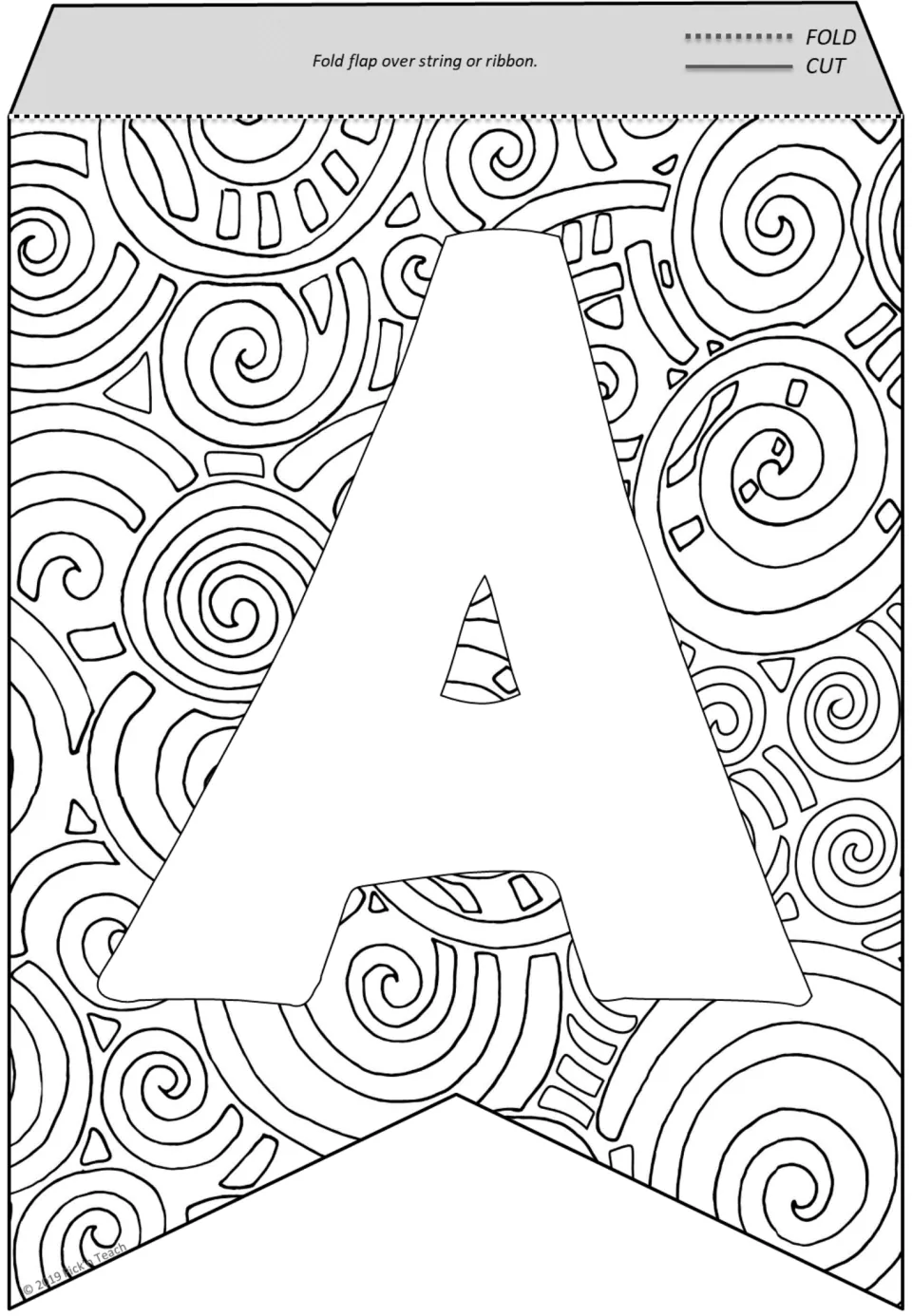 Letter A banner pennant: students color a bold A set on swirling circles and dashes, then fold the top flap over string