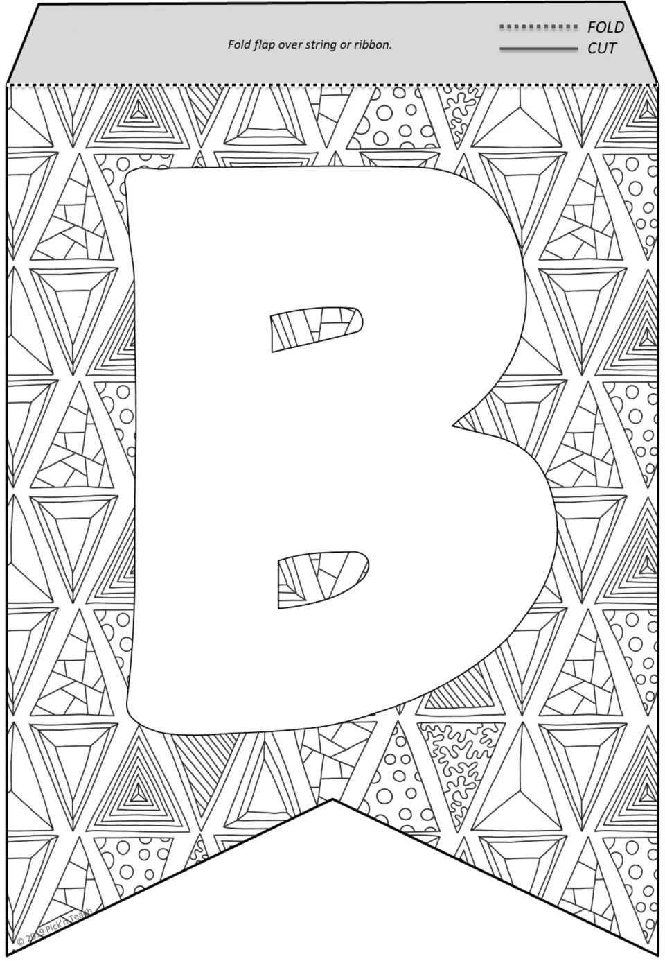 Letter B pennant to color: a large B over a pattern of triangles filled with dots, stripes and nested shapes